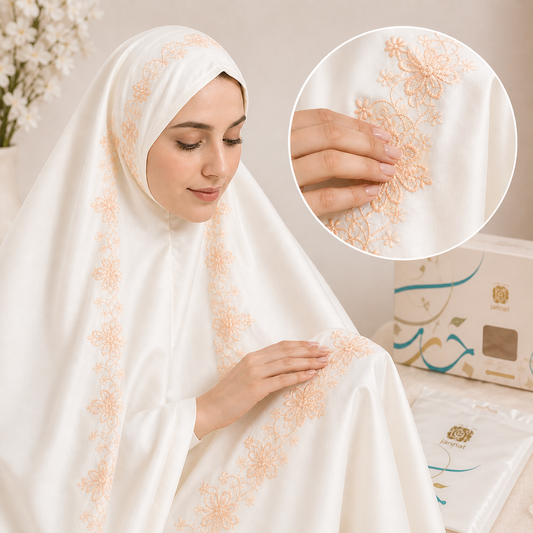 طقم صلاة نسائي قطعتين بنقشة إندونيسية - سكري بنقشة مشمشية | Women’s 2-Piece Prayer Set with Indonesian Pattern - Cream with Peach Pattern