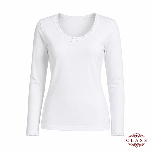فانيلا نسائي أبيض بأكمام طويلة دانتيل قطنية | Women’s white Long Sleeve Lace Cotton Top