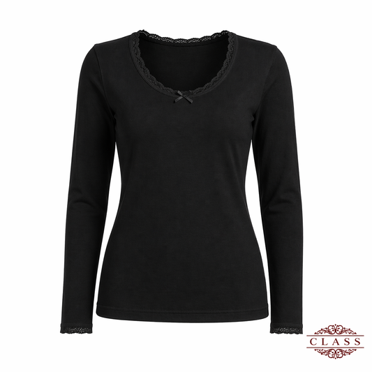 فانيلا نسائي أسود بأكمام طويلة دانتيل قطنية | Women’s Black Long Sleeve Lace Cotton Top