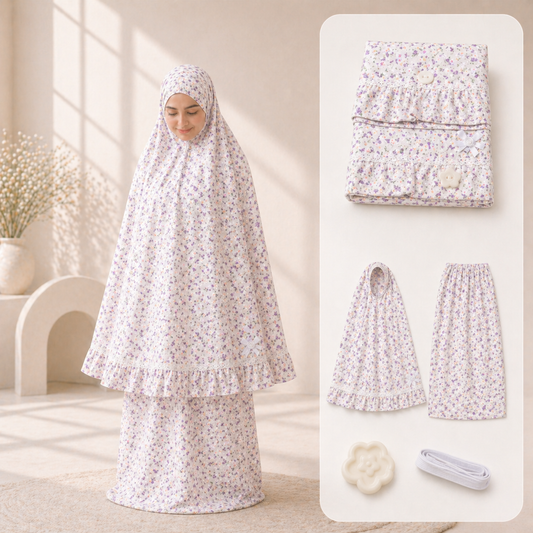 طقم صلاة نسائي قطعتين مع إكسسوارات - أبيض مورّد | Women’s 2-Piece Prayer Set with Accessories - Floral White