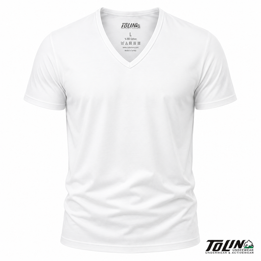 فانيلا رجالي أبيض نص كم قبة V تولين – Tolin Men's White V-Neck Short Sleeve Cotton T-Shirt