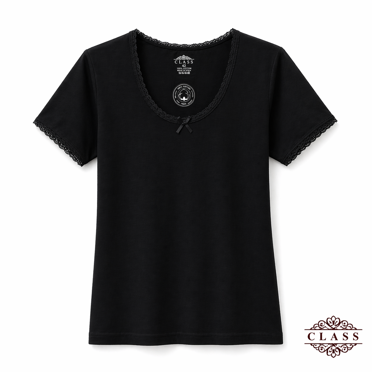 فانيلا نسائي نص كم دانتيل قطنية أسود | Women’s Short Sleeve Lace Cotton Top - Black