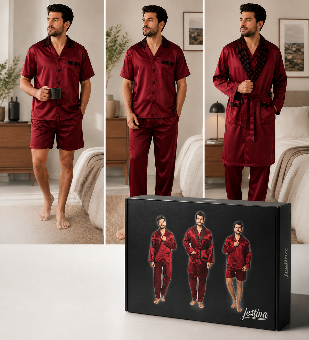 بجامة رجالية ستان تركية فاخرة 4 قطع | Luxury Turkish Men's Satin Pajama Set (4 Pieces)