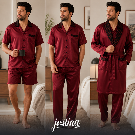 بجامة رجالية ستان تركية فاخرة 4 قطع | Luxury Turkish Men's Satin Pajama Set (4 Pieces)