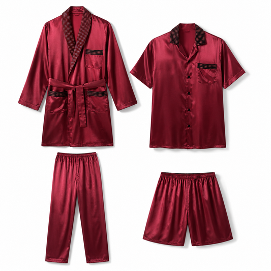 بجامة رجالية ستان تركية فاخرة 4 قطع | Luxury Turkish Men's Satin Pajama Set (4 Pieces)