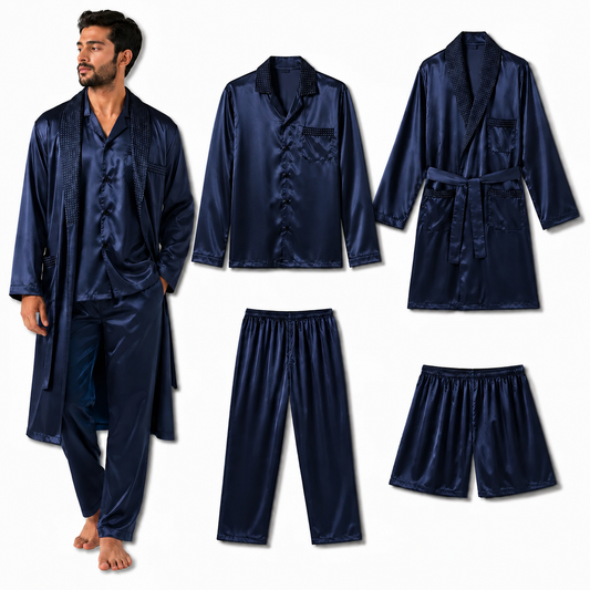 بجامة رجالية ستان تركية فاخرة 4 قطع | Luxury Turkish Men's Satin Pajama Set (4 Pieces)
