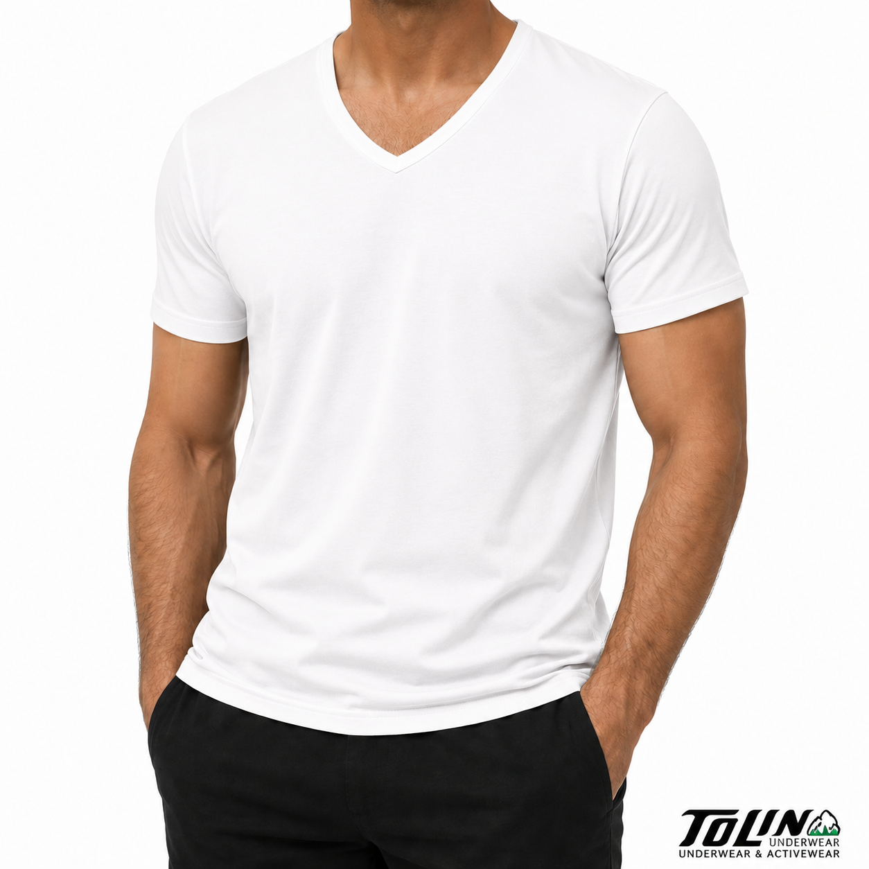 فانيلا رجالي أبيض نص كم قبة V تولين – Tolin Men's White V-Neck Short Sleeve Cotton T-Shirt