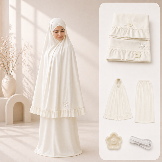طقم صلاة نسائي قطعتين مع إكسسوارات - أوف وايت | Women’s 2-Piece Prayer Set with Accessories - Off White