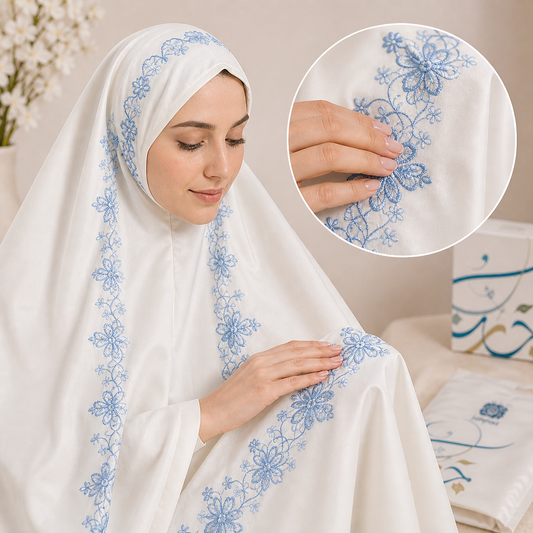 طقم صلاة نسائي قطعتين بنقشة إندونيسية - سكري بنقشة زرقاء | Women’s 2-Piece Prayer Set with Indonesian Pattern - Cream with Blue Pattern