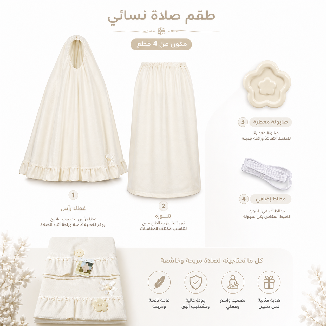 طقم صلاة نسائي قطعتين مع إكسسوارات - أوف وايت | Women’s 2-Piece Prayer Set with Accessories - Off White