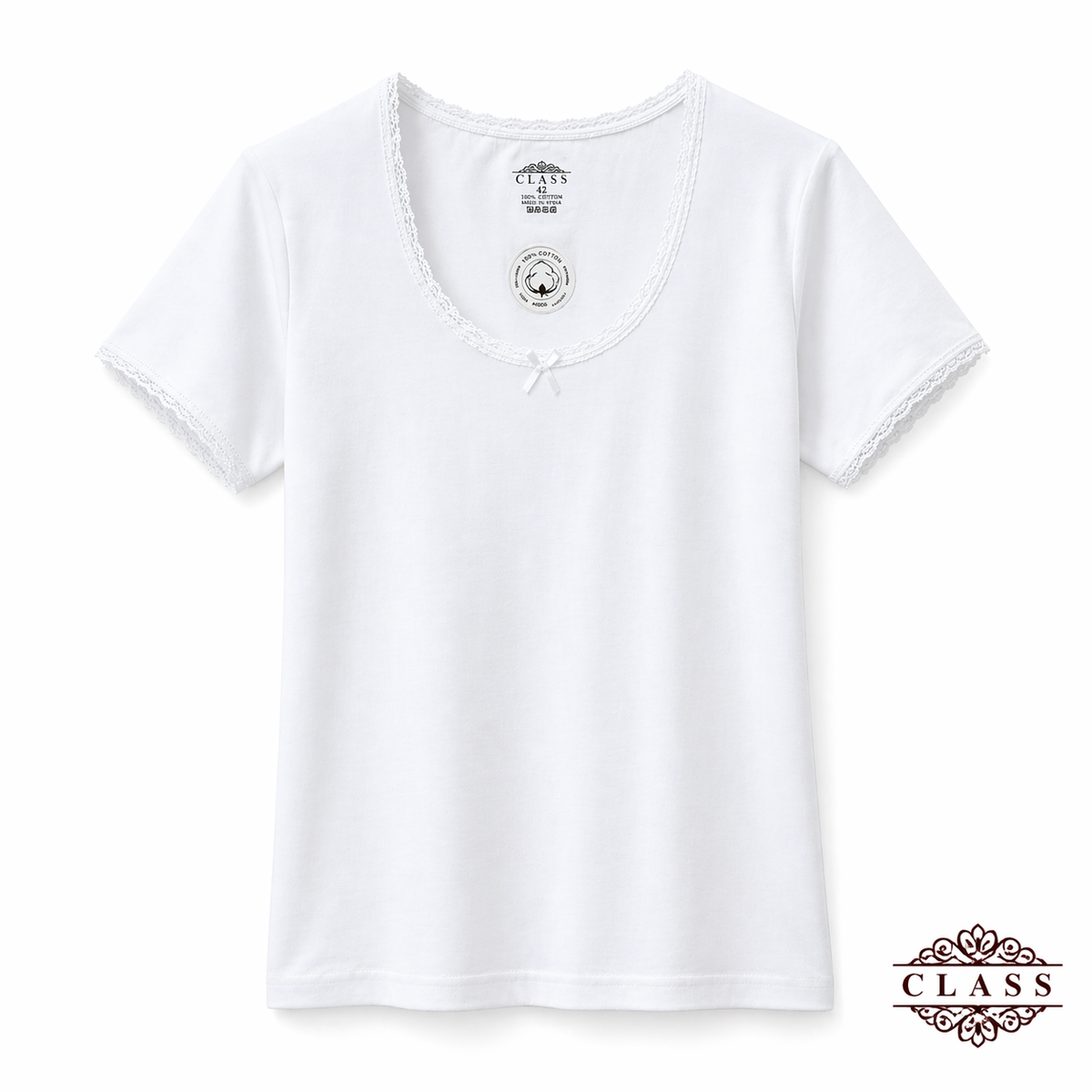 فانيلا نسائي نص كم دانتيل قطنية أبيض| Women’s Short Sleeve Lace Cotton Top – White