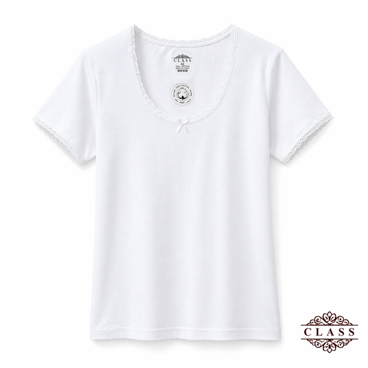 فانيلا نسائي نص كم دانتيل قطنية أبيض| Women’s Short Sleeve Lace Cotton Top – White