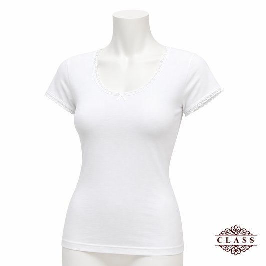 فانيلا نسائي نص كم دانتيل قطنية أبيض| Women’s Short Sleeve Lace Cotton Top – White