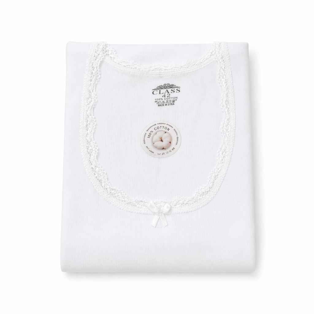 فانيلا نسائي أبيض بأكمام طويلة دانتيل قطنية | Women’s white Long Sleeve Lace Cotton Top