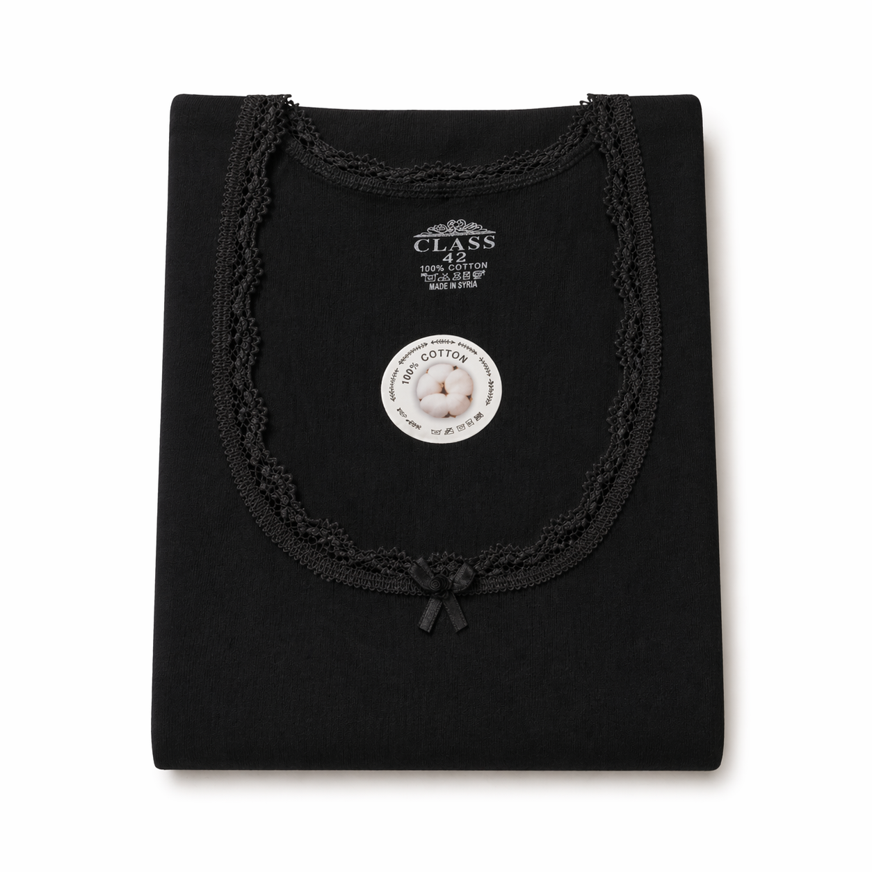 فانيلا نسائي أسود بأكمام طويلة دانتيل قطنية | Women’s Black Long Sleeve Lace Cotton Top