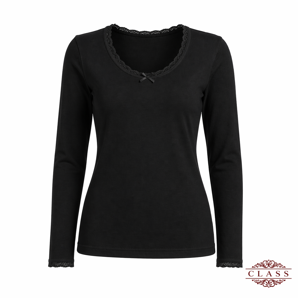 فانيلا نسائي أسود بأكمام طويلة دانتيل قطنية | Women’s Black Long Sleeve Lace Cotton Top