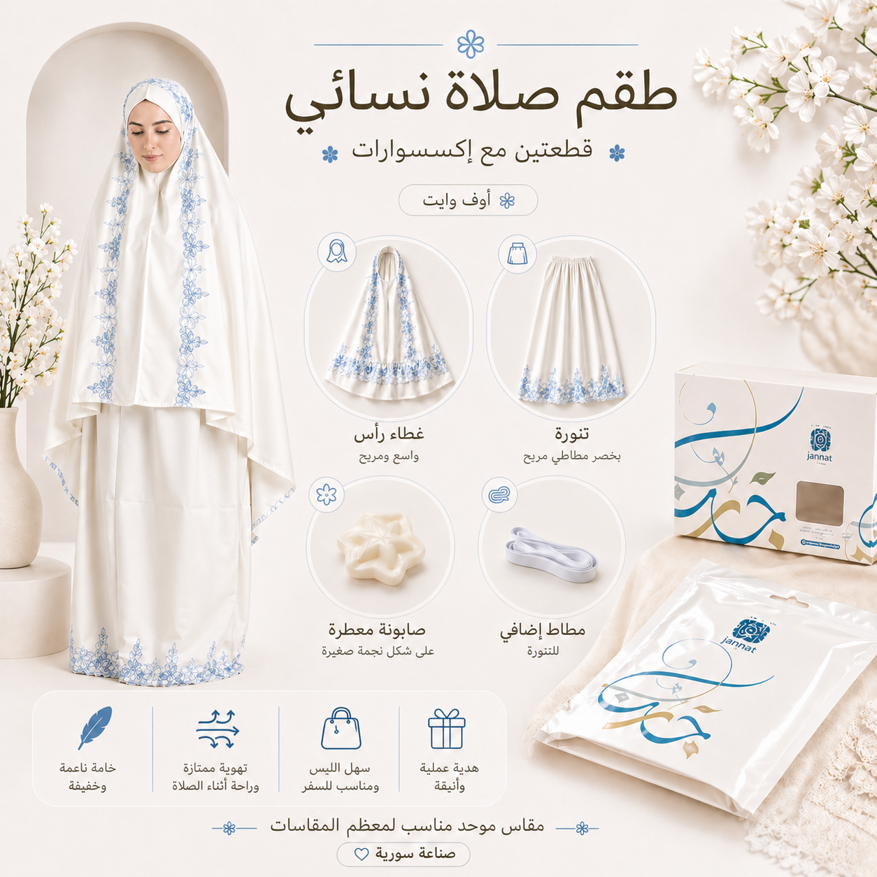 طقم صلاة نسائي قطعتين بنقشة إندونيسية - سكري بنقشة زرقاء | Women’s 2-Piece Prayer Set with Indonesian Pattern - Cream with Blue Pattern