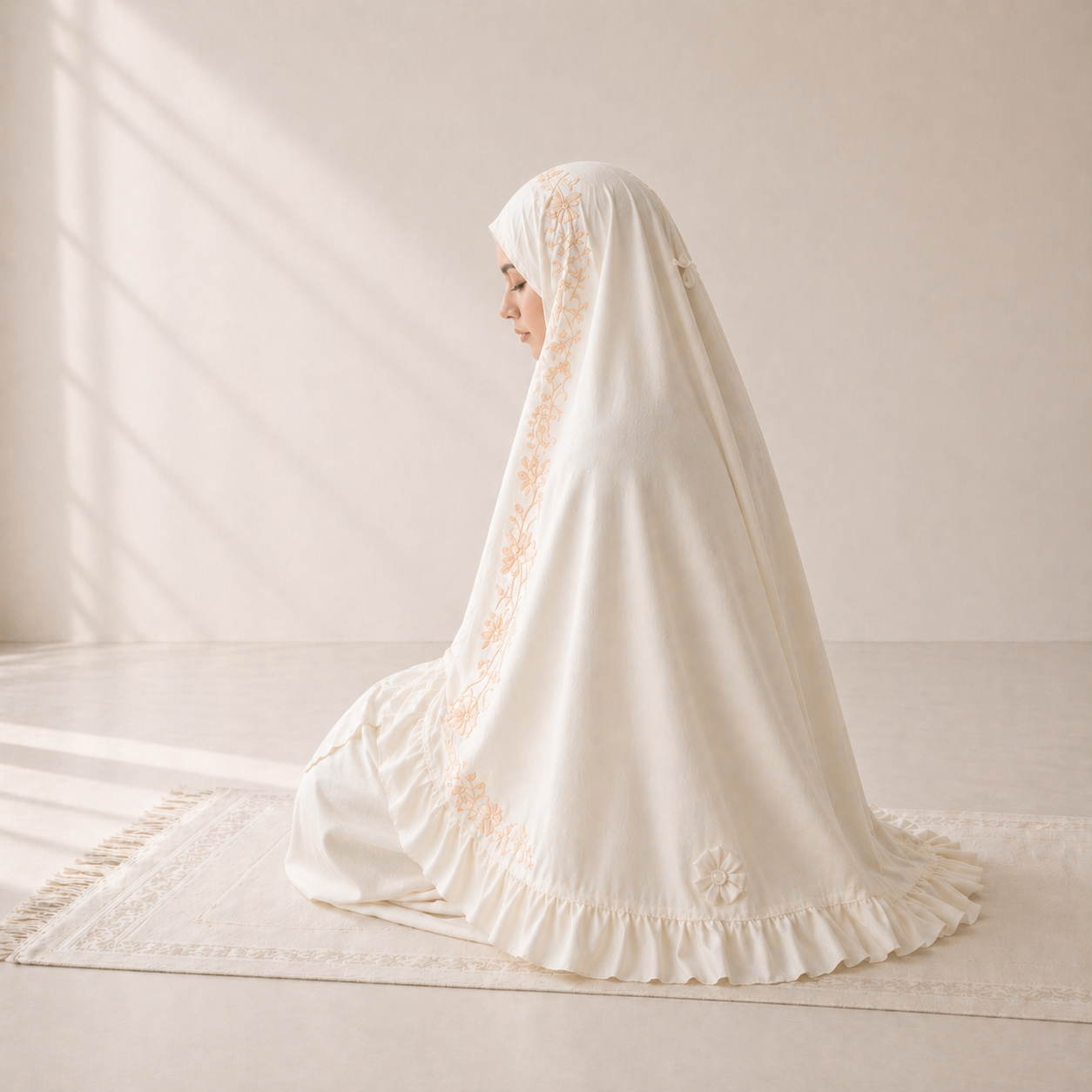 طقم صلاة نسائي قطعتين بنقشة إندونيسية - سكري بنقشة مشمشية | Women’s 2-Piece Prayer Set with Indonesian Pattern - Cream with Peach Pattern