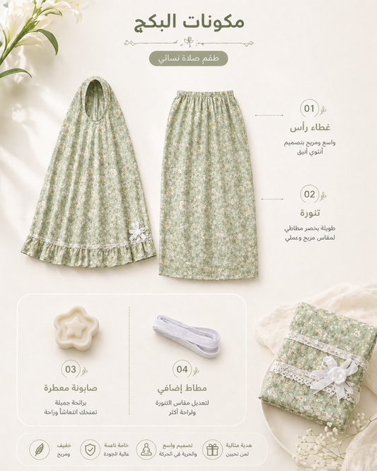 طقم صلاة نسائي قطعتين مع إكسسوارات - أخضر مورّد | Women’s 2-Piece Prayer Set with Accessories - Floral Green