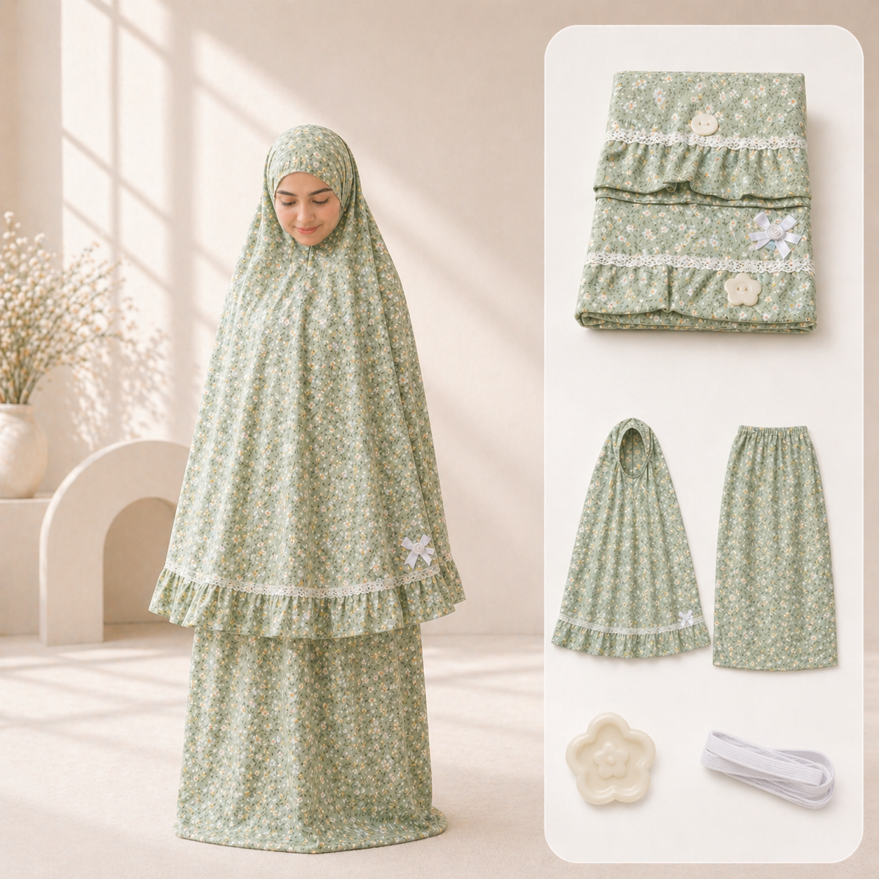 طقم صلاة نسائي قطعتين مع إكسسوارات - أخضر مورّد | Women’s 2-Piece Prayer Set with Accessories - Floral Green