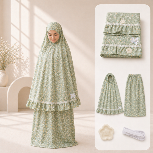 طقم صلاة نسائي قطعتين مع إكسسوارات - أخضر مورّد | Women’s 2-Piece Prayer Set with Accessories - Floral Green