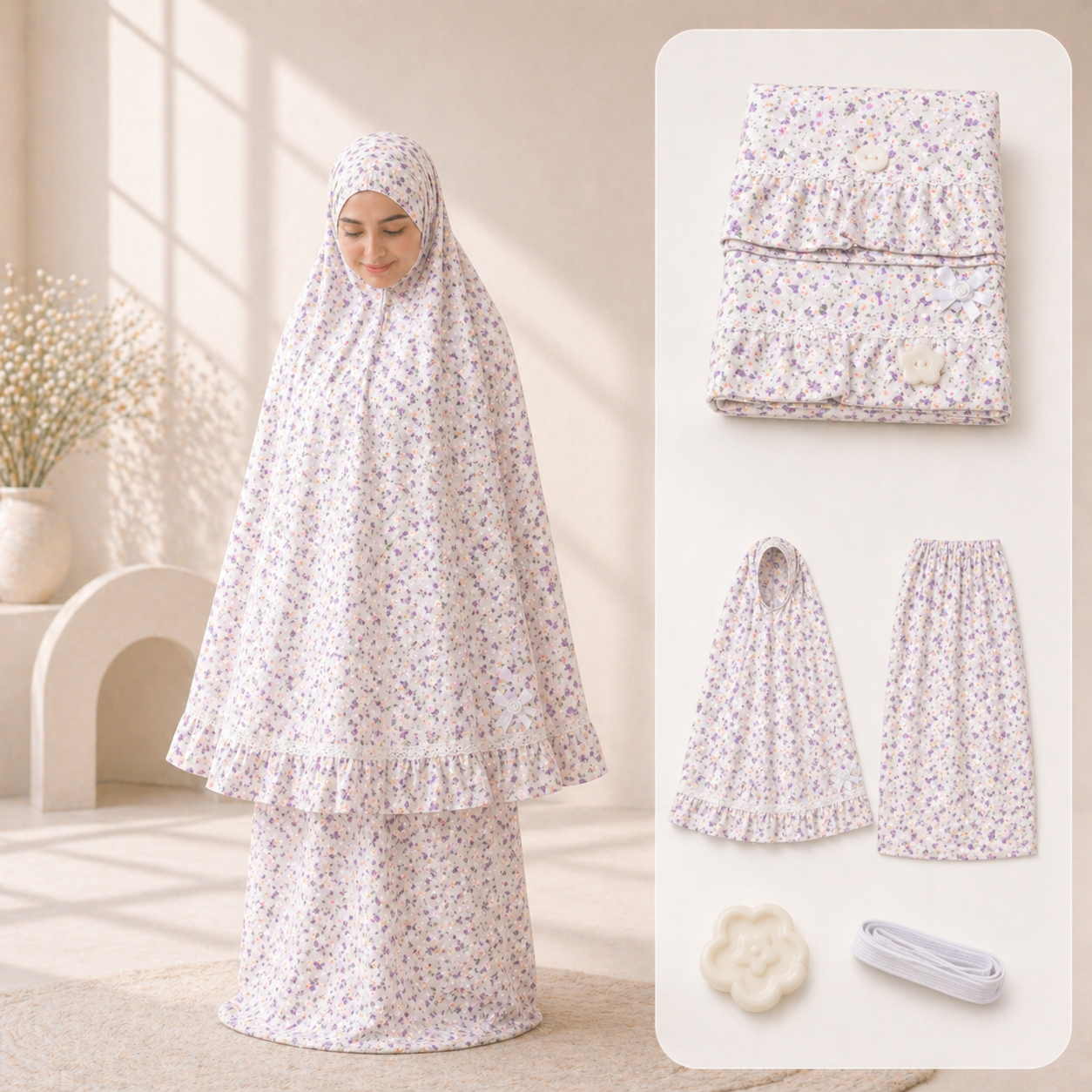 طقم صلاة نسائي قطعتين مع إكسسوارات - أبيض مورّد | Women’s 2-Piece Prayer Set with Accessories - Floral White
