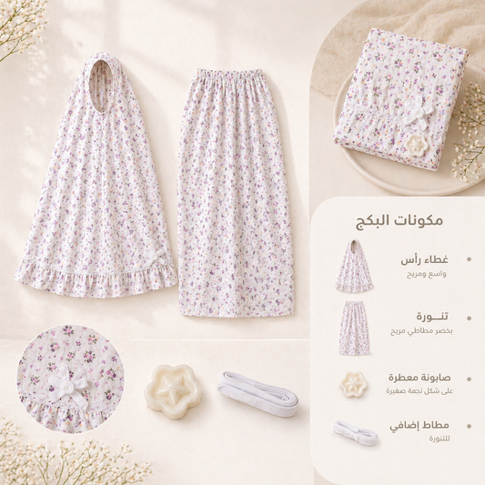 طقم صلاة نسائي قطعتين مع إكسسوارات - أبيض مورّد | Women’s 2-Piece Prayer Set with Accessories - Floral White