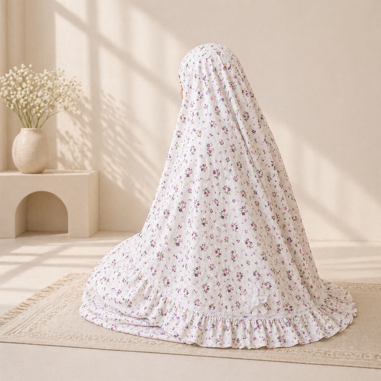 طقم صلاة نسائي قطعتين مع إكسسوارات - أبيض مورّد | Women’s 2-Piece Prayer Set with Accessories - Floral White