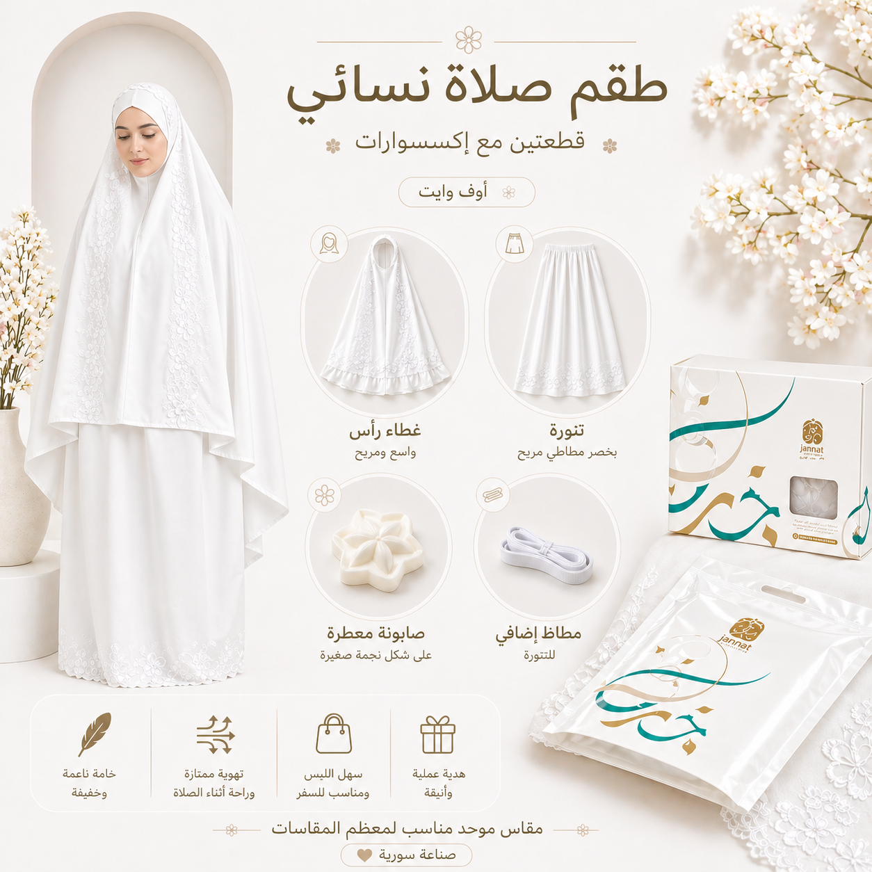 طقم صلاة نسائي قطعتين بنقشة إندونيسية - أبيض ناصع | Women’s 2-Piece Prayer Set with Indonesian Pattern - Pure White