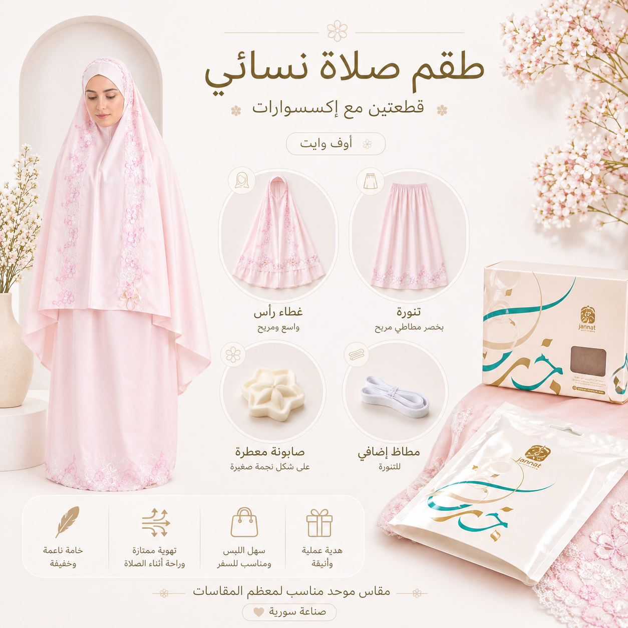 طقم صلاة نسائي قطعتين بنقشة إندونيسية - زهري | Women’s 2-Piece Prayer Set with Indonesian Pattern - Pink