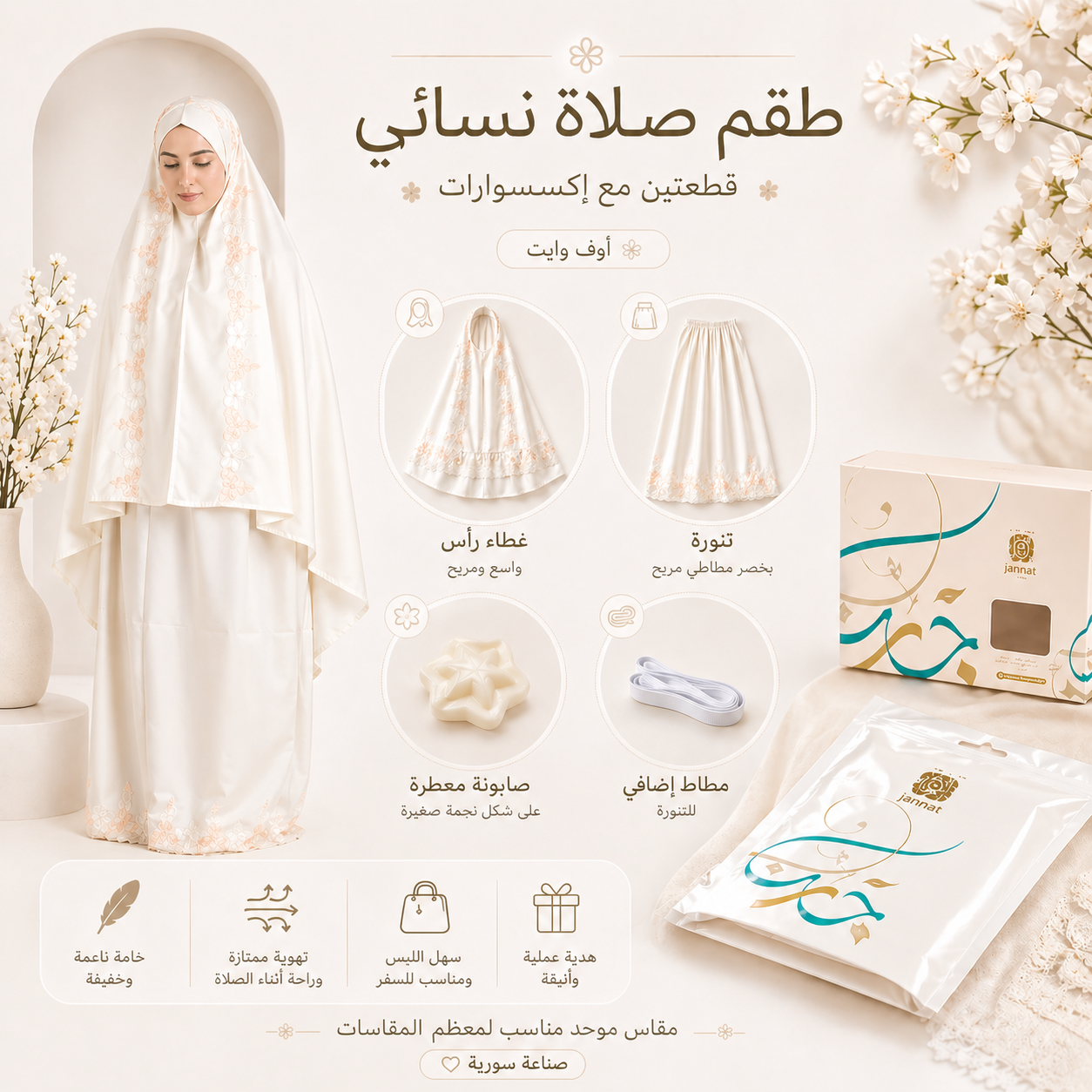 طقم صلاة نسائي قطعتين بنقشة إندونيسية - سكري بنقشة مشمشية | Women’s 2-Piece Prayer Set with Indonesian Pattern - Cream with Peach Pattern