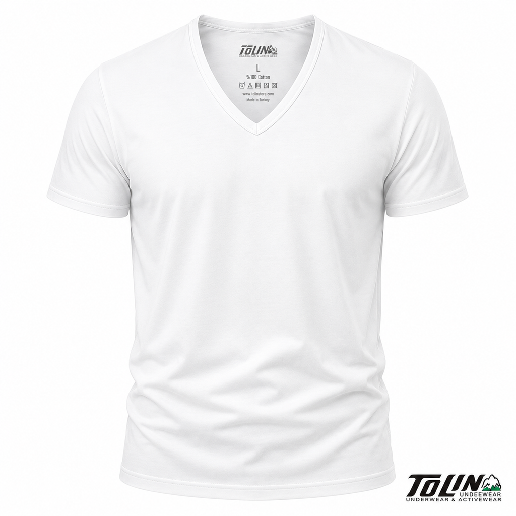 فانيلا رجالي أبيض نص كم قبة V تولين – Tolin Men's White V-Neck Short Sleeve Cotton T-Shirt