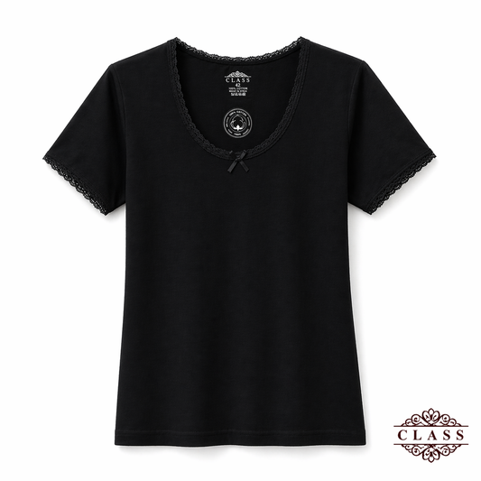 فانيلا نسائي نص كم دانتيل قطنية أسود | Women’s Short Sleeve Lace Cotton Top - Black