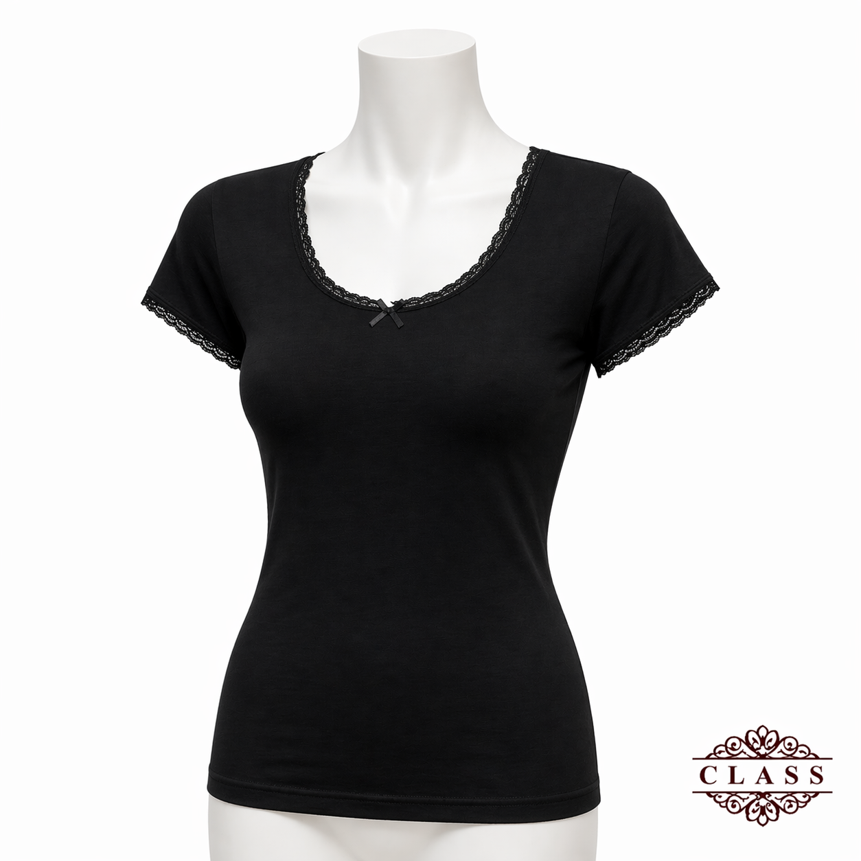 فانيلا نسائي نص كم دانتيل قطنية أسود | Women’s Short Sleeve Lace Cotton Top - Black