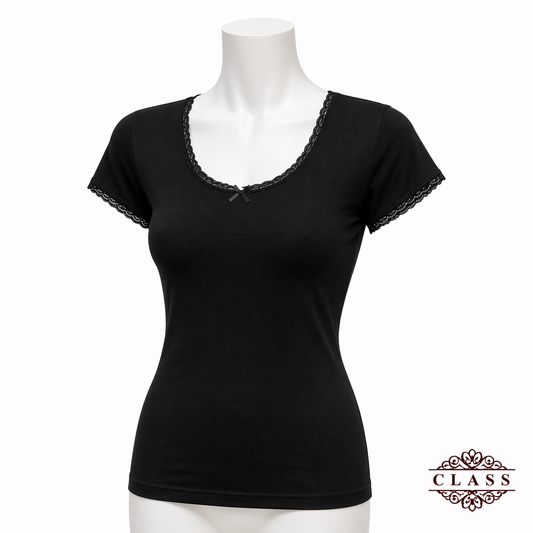 فانيلا نسائي نص كم دانتيل قطنية أسود | Women’s Short Sleeve Lace Cotton Top - Black