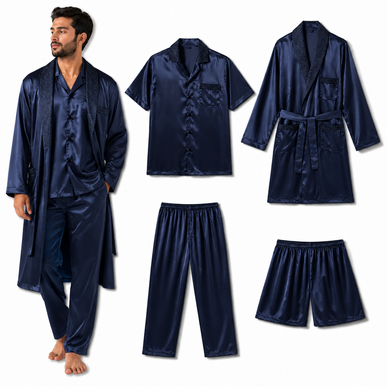 بجامة رجالية ستان تركية فاخرة 4 قطع | Luxury Turkish Men's Satin Pajama Set (4 Pieces)