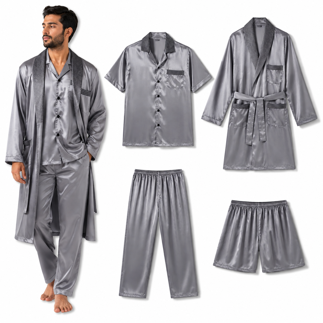 بجامة رجالية ستان تركية فاخرة 4 قطع | Luxury Turkish Men's Satin Pajama Set (4 Pieces)