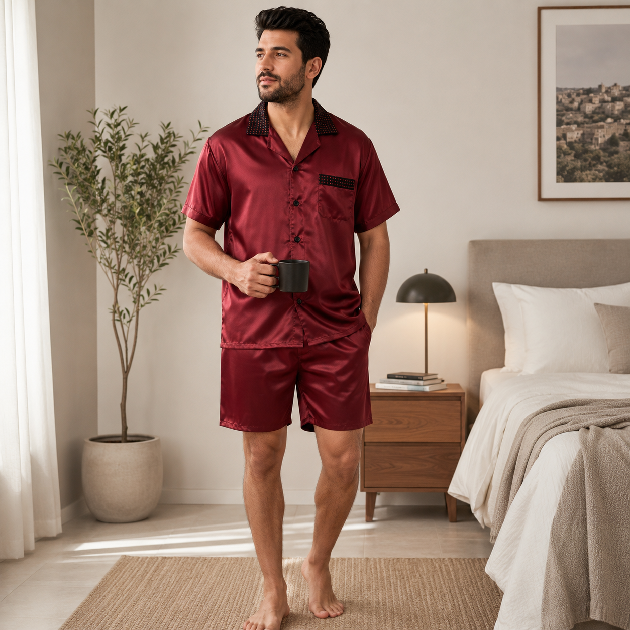 بجامة رجالية ستان تركية فاخرة 4 قطع | Luxury Turkish Men's Satin Pajama Set (4 Pieces)