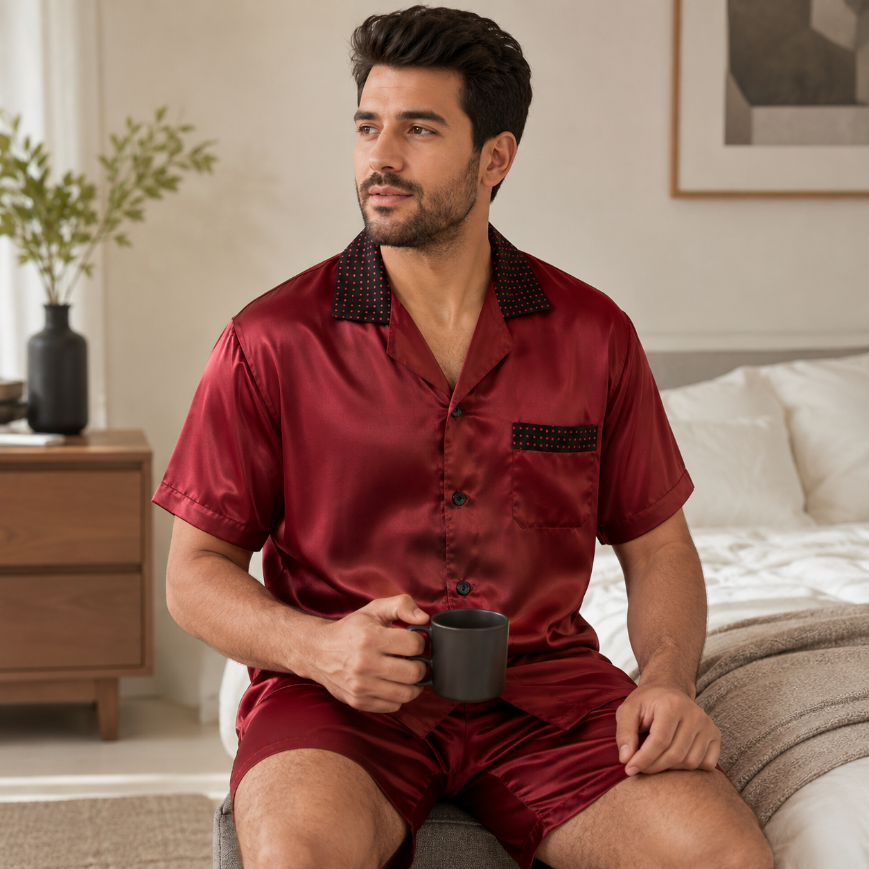 بجامة رجالية ستان تركية فاخرة 4 قطع | Luxury Turkish Men's Satin Pajama Set (4 Pieces)