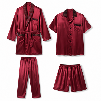 بجامة رجالية ستان تركية فاخرة 4 قطع | Luxury Turkish Men's Satin Pajama Set (4 Pieces)