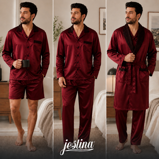 بجامة رجالية ستان تركية فاخرة 4 قطع | Luxury Turkish Men's Satin Pajama Set (4 Pieces)