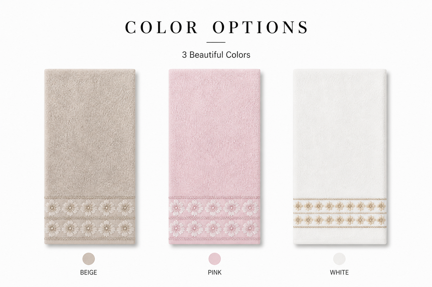 بشكير قطني فاخر بنقشة زهور مطرزة – 3 ألوان | Floral Embroidered Cotton Towel