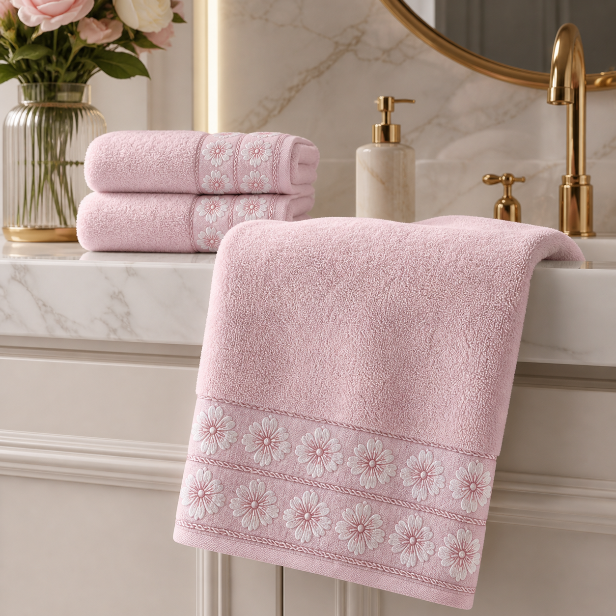 بشكير قطني فاخر بنقشة زهور مطرزة – 3 ألوان | Floral Embroidered Cotton Towel