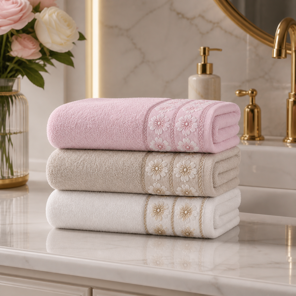 بشكير قطني فاخر بنقشة زهور مطرزة – 3 ألوان | Floral Embroidered Cotton Towel