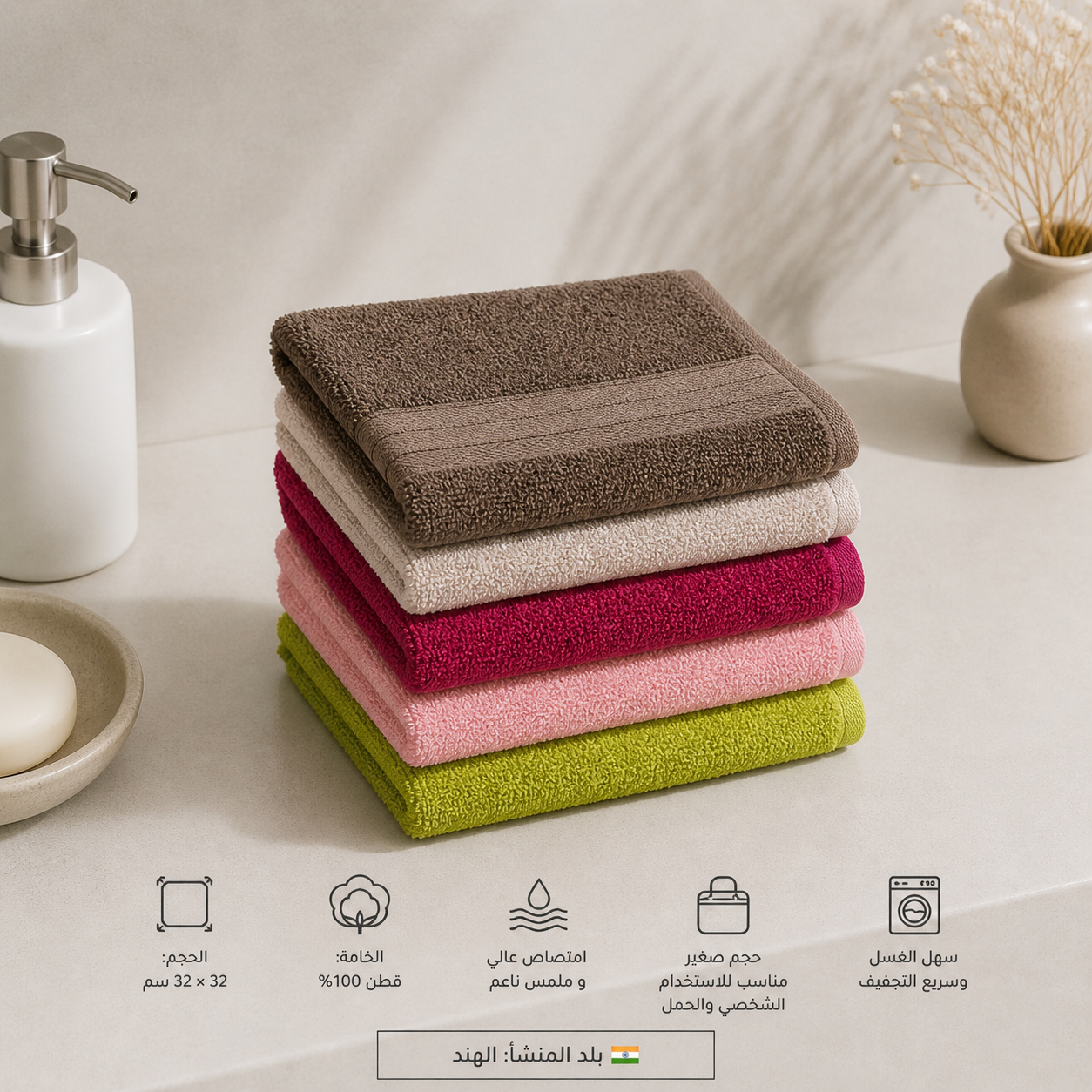 بشكير وجه قطن 100% – 32×32 سم | Cotton Face Towel