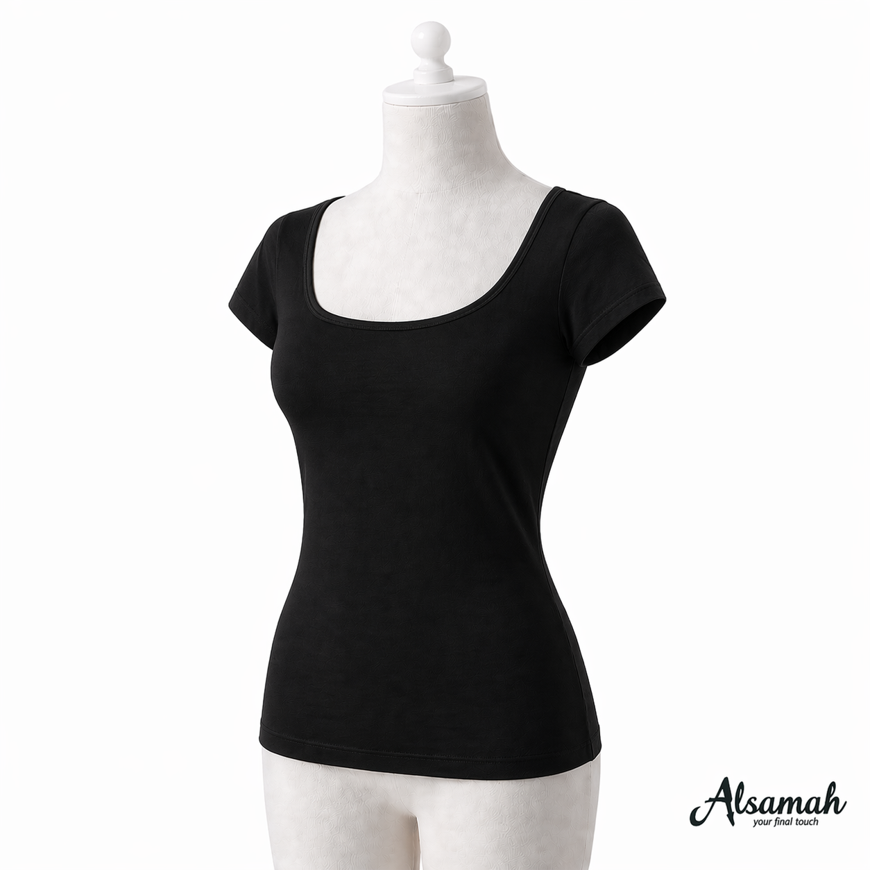 بدي نص كم قطن أسود من السماح | Alsamah Black Cotton Short Sleeve Top
