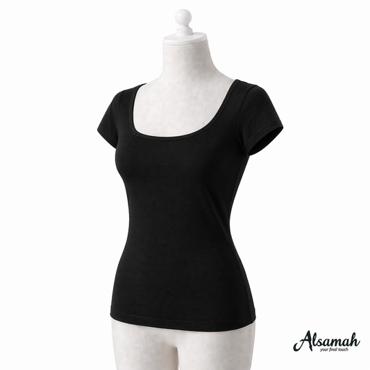 بدي نص كم قطن أسود من السماح | Alsamah Black Cotton Short Sleeve Top